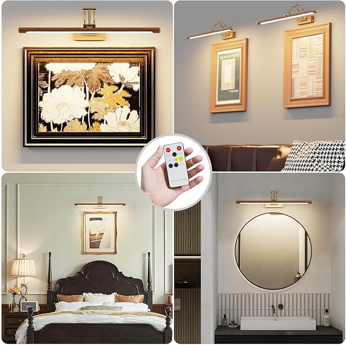 Wireless Picture Lights for Wall Rechargeable,16 inch Battery Operated Art Light for Paintings,3CCT Dimmable with Remote,Rotatable Gallery Light for Pictures Display,Wood
