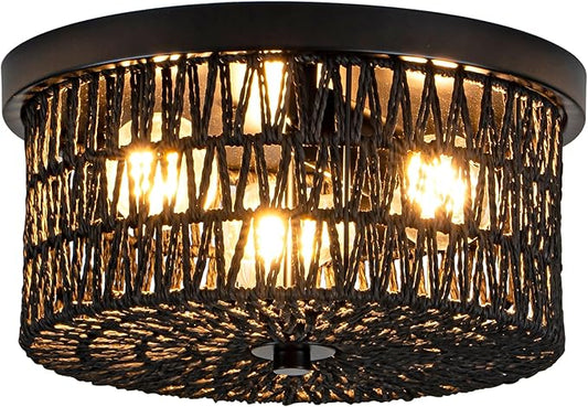 Black Rattan Light Fixture, 3 Light Flush Mount Ceiling Light, Boho Ceiling Light for Hallway, Entryway, Bedroom, Kitchen