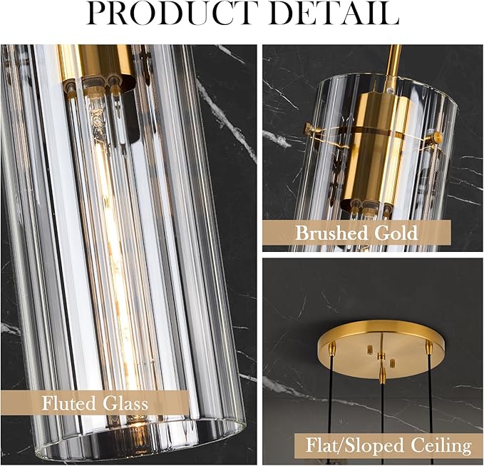 Brushed Gold Pendant Light Fixtures, 3-Light Modern Cluster Pendant Lights with Clear Striped Glass Shade, Farmhouse Brass Chandelier for Kitchen Island Dining Room Foyer