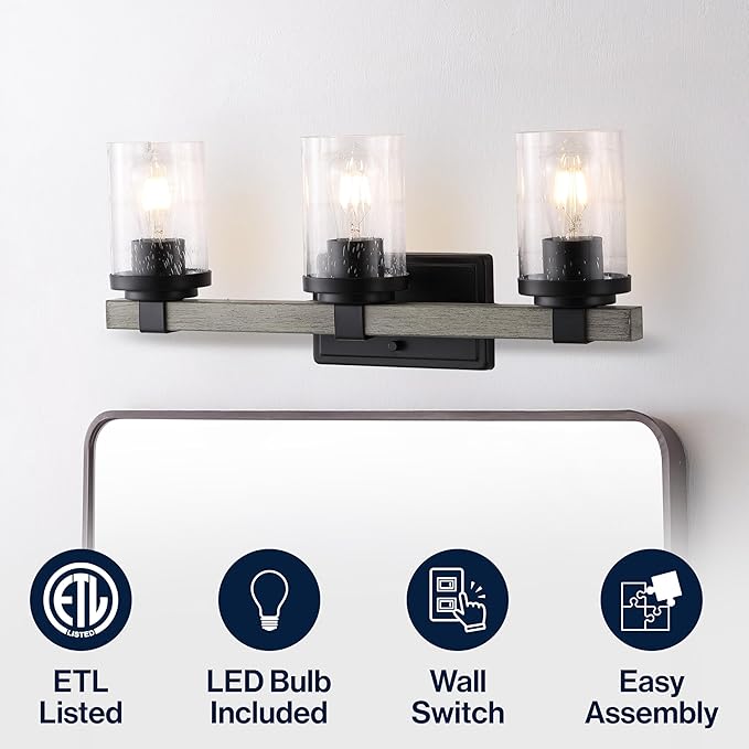 JONATHAN Y 22.75" Black/Gray Oak Wood Finish LED Vanity Light, Rustic Farmhouse Sconce, Clear Seeded Glass Shade, Industrial Wall Lamp for Bathroom Mirror, Kitchen Sink, LED Bulb (JYL7509B)