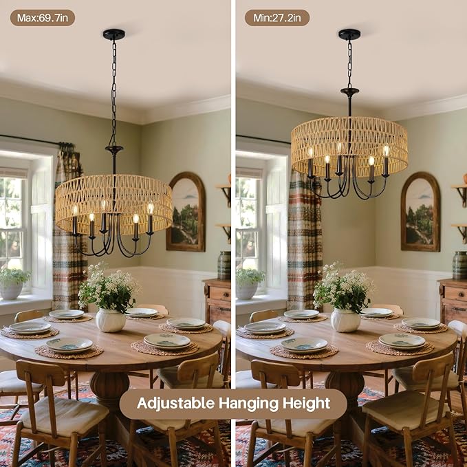 24 Inch Farmhouse Rattan Chandelier, Hand-Woven Boho Pendant Light Fixture with Black Metal Frame, Rustic Hanging Ceiling Lighting for Dining Room, Kitchen Island, Living Room, Bedroom