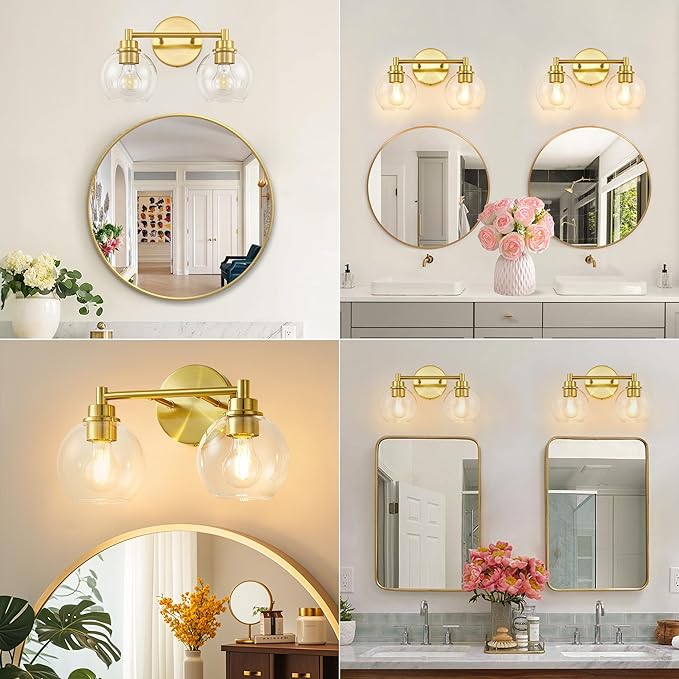 Gold Bathroom Vanity Lights, 2-Light Wall Sconce with Glass Globe Shade, Vanity Lighting for Bathroom/Bedroom/Dressing Room, Vertical/Horizontal Mounted, E26 Bulb Base (Bulb Not Included)