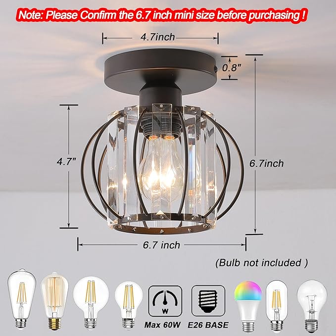 Small Oil Rubbed Bronze Hallway Light Fixture Ceiling 2 Pack- Semi Flush Mount with Crystal Cage Shade, 6.7" Low Profile Light Fixture, Dimmable E26 Base Foyer Lighting for Hallway Closet Laundry Room