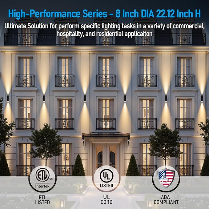 LEONLITE Modern Outdoor Cylinder Wall Lights 22", Up and Down Porch Patio Lights, Matte Black Waterproof Wall Sconce, Aluminum, E26 Base, Exterior Light Fixture Wall Mount, ETL, Pack of 2