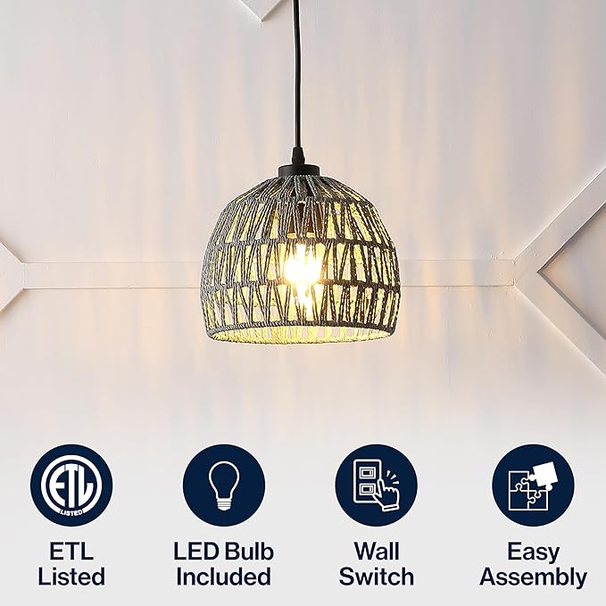 JONATHAN Y 8.25" Gray Modern Bohemian Woven Rope LED Pendant Light Fixture, Adjustable Dome Ceiling Lamp for Kitchen Island, Rope Shade, Coastal Farmhouse Decor (JYL6512D)