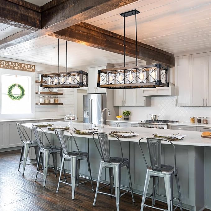 Farmhouse Kitchen Island Lighting, 5-Light Dining Room Light Fixture Over Table, Rustic Wooden Rectangle Chandelier, Pool Table Pendant Light Fixtures with Clean Glass Shade