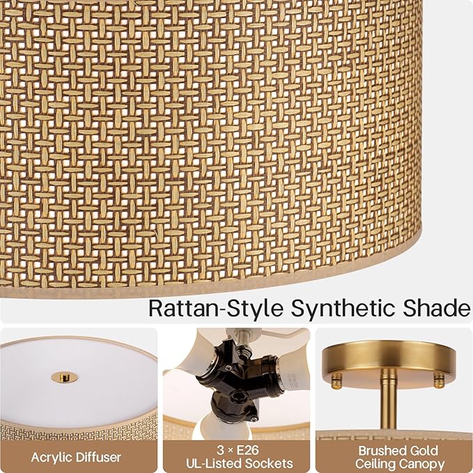 13" Woven Rattan Boho Ceiling Light Fixture, 3-Light Modern Semi Flush Mount Lamp with Drum Fabric Shade, Rustic Brown Lighting for Bedroom, Dining Room, Living Room, Hallway, Entryway