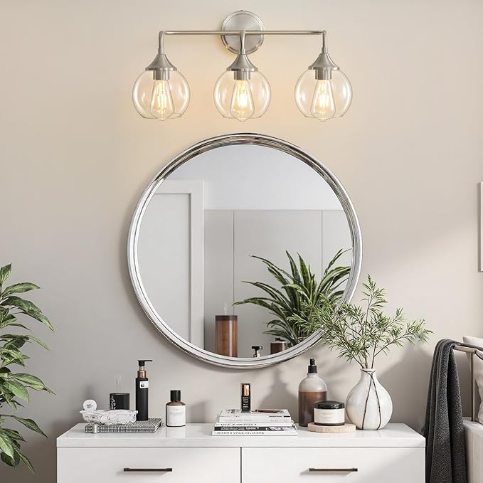 Bathroom Light Fixtures 3 Light Bathroom Vanity Light with Clear Glass Shade, 22 inch Vanity Lighting Fixtures Over Mirror, Vanity Lights Fixture (Exclude E26 Bulb) - Brushed Nickel