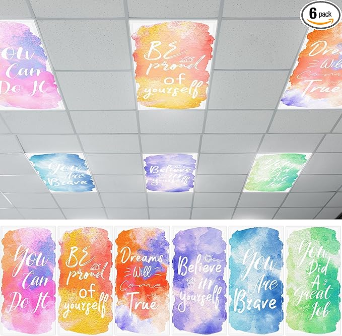 QOUBAI 6PCS Fluorescent Light Covers, 4x2 Feet Magnetic Light Cover Fluorescent Lights Shade Panel Positive Inspirational Ceiling Lights Filters for Office Classroom Home Drop Ceiling Watercolor