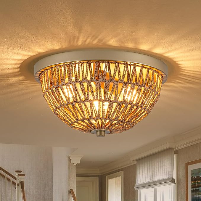 Gold Rattan Ceiling Light, 3 Light Boho Light Fixture with Drum Shape, Woven Flush Mount Ceiling Light for Entryway, Hallway, Bedroom, Kitchen