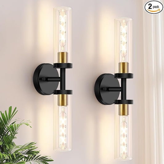 Baocuz Bathroom Light Fixtures, 2-Light Black and Gold Bathroom Vanity Lighting Over Mirror, Modern Wall Sconces Set of 2 with Clear Glass, Indoor Hardwired Wall Lamp for Bedroom, Living Room, Hallway