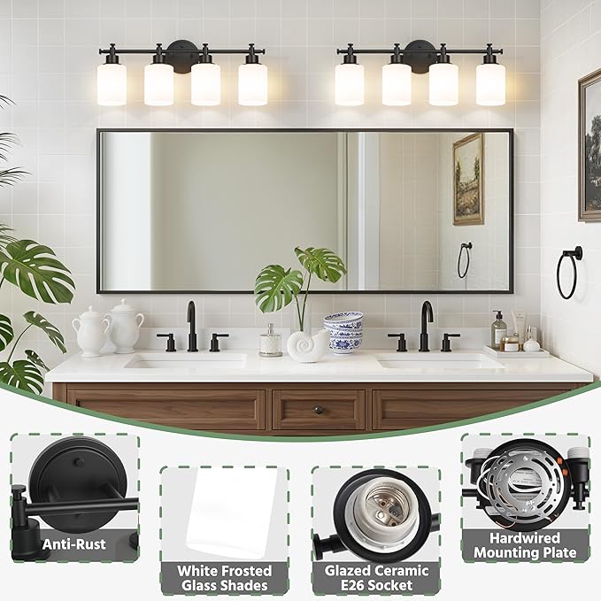 4-Light Bathroom Vanity Light, Black Vanity Lights for Bathroom, Modern Wall Sconce with White Glass Shades, Anti-Rust Vanity Light Fixture over Mirror, 23 Inch (Bulbs Not Included, E26 Base)