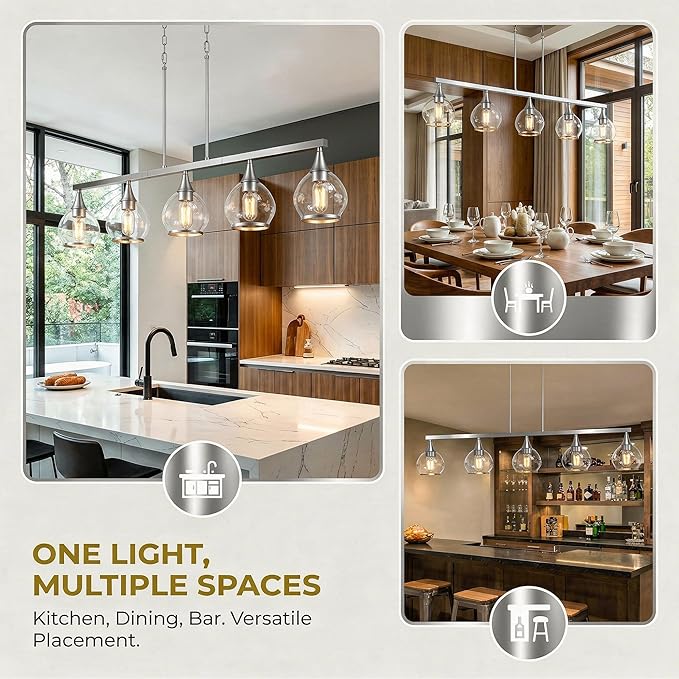 Kitchen Island Linear Pendant Light, 5-Light Modern Chandelier with Clear Glass Globe Shades, Linear Lighting Fixture Over Dining Table, Brushed Nickel
