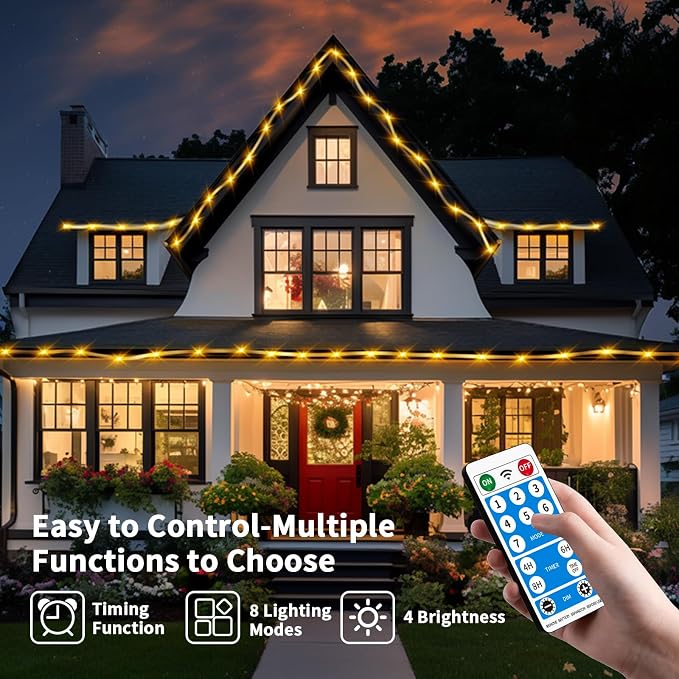 Thicker Tube Solar Rope Lights with Remote for Garden Decoration ,39FT 200LEDs Outdoor Solar Strip Lights for Palm Tree,IP67 Waterproof,USB Charging & 8 Modes Fairy Light for Christmas(Warm White)