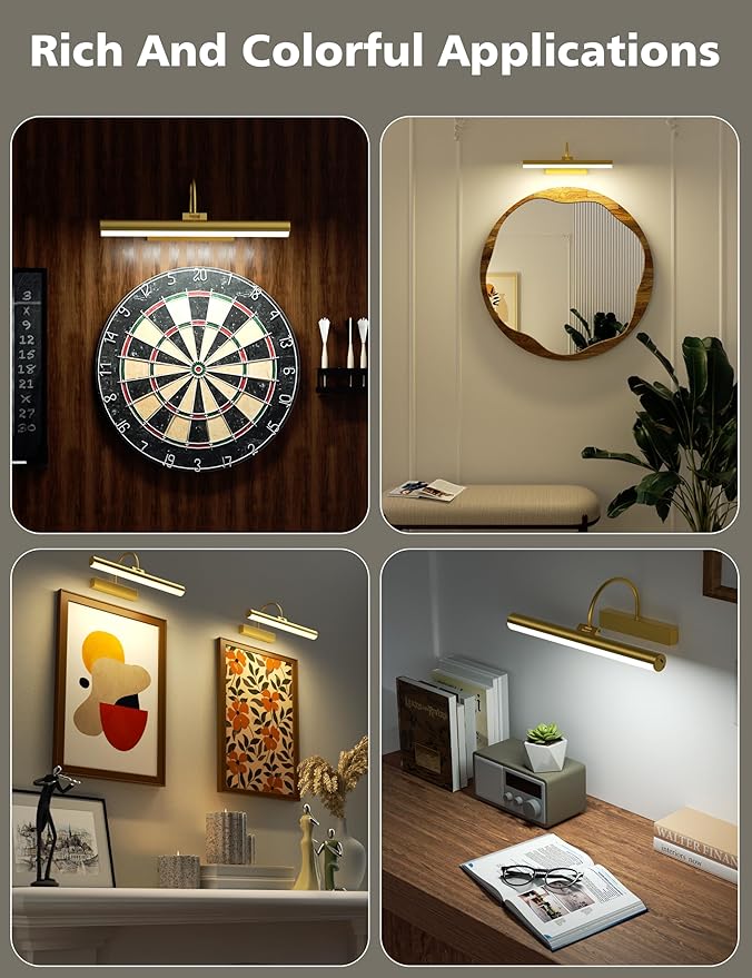VOLISUN Picture Lights for Wall, 13 inch Rechargable Picture Light Battery Operated, 3 Color Temperatures Cordless Picture Light with Remote, Art Light for Paintings, Gallery, Portrait, 2 Pack (Gold)