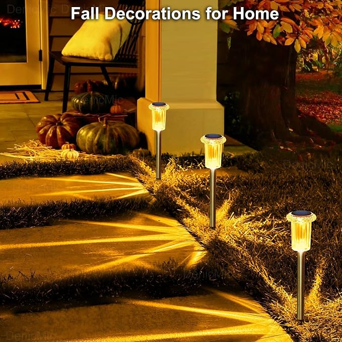 DenicMic Solar Lights Outdoor 10 Pack Waterproof Outside Fall Lights for Yard Pathway Garden Driveway Walkway Landscape Path Lighting Orange LED Stainless Steel Stake Halloween Decor