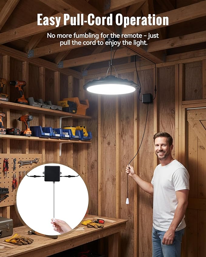 Solar Shed Light Indoor Outdoor, 2000LM Solar Pendant Light Daytime Available Pull Cord with 2 Brightness Modes, IP65 Waterproof Ceiling Lamp for Barn, Garage, Shop, Gazebo