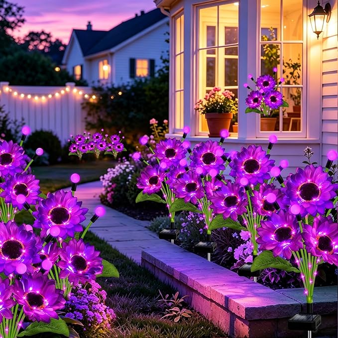 Kohlrabi 4 Pack Purple Solar Sunflowers with Swaying Firefly Lights, Gifts for Mom Women Mothers Day Birthday, Solar Garden Lights Waterproof Firefly Sunflower Light for Outdoor Patio Yard Decor