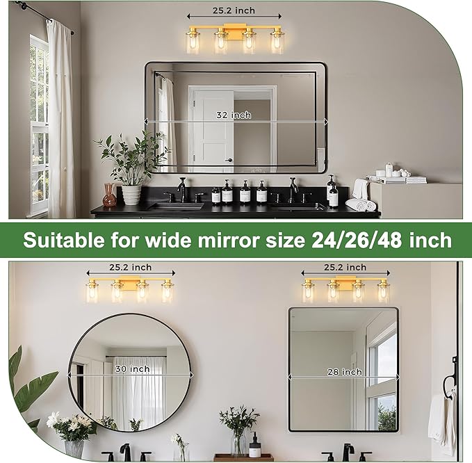 DORESshop 4-Light Vanity Light Fixtures, Gold Bathroom Light Fixtures Over Mirror with Clear Glass Shade, Modern Vanity Lights for Living Room Bedroom