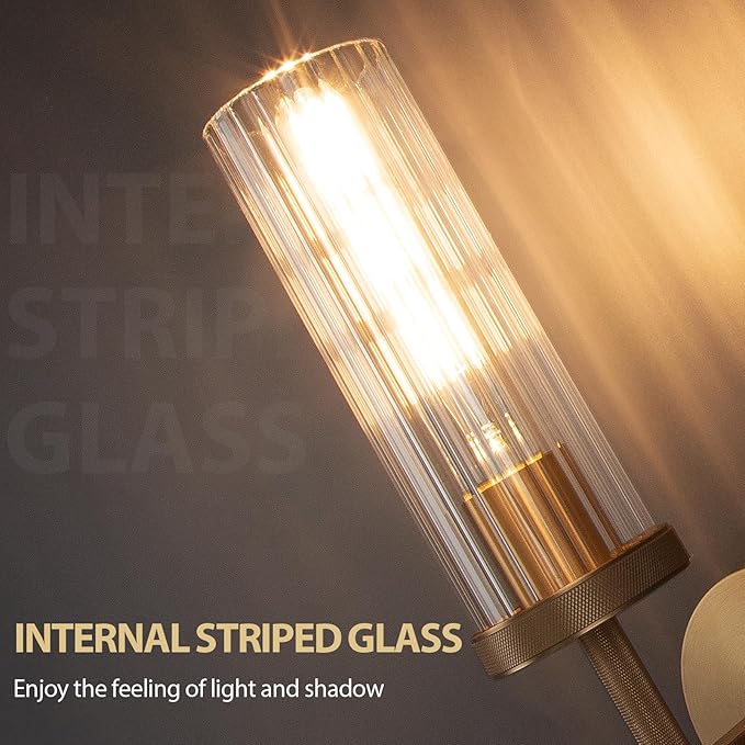 15" Knurled Brass Wall Sconce with Vertical Striped Glass Tube, Gold Bathroom Vanity Light Fixtures, Modern Lamp Lighting for Bedroom, Living Room, Hallway, Staircase, Mirror, Kitchen