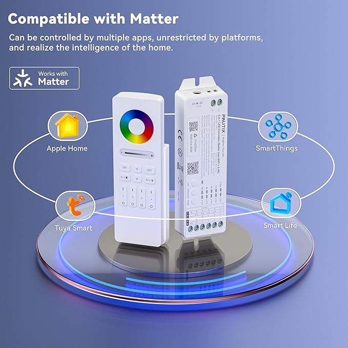PAUTIX Matter WiFi LED Controller Kit ML5 Compatible with Tuya APP/Homekit/Smart Life/Alexa/Google Home/Siri, DC12-48V Dimmable with RF Remote for Single Color/CCT/RGB/RGBW/RGBCCT LED Strip Lights