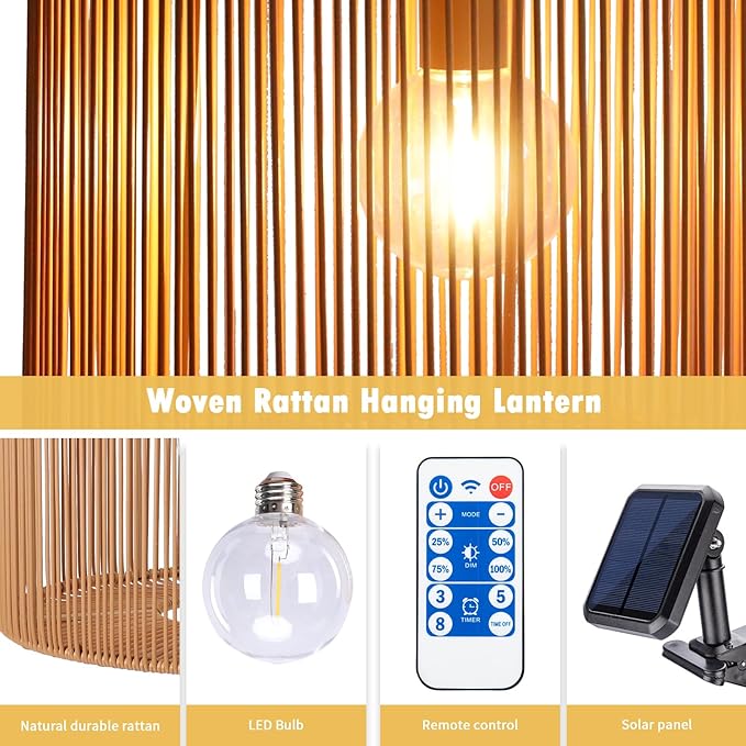 Solar Pendant Light Outdoor Hanging Lantern Solar Outdoor Chandelier with Remote Dimmable Waterproof Lantern Chandelier for Porch Patio Gazebo Garden Yard Decoration