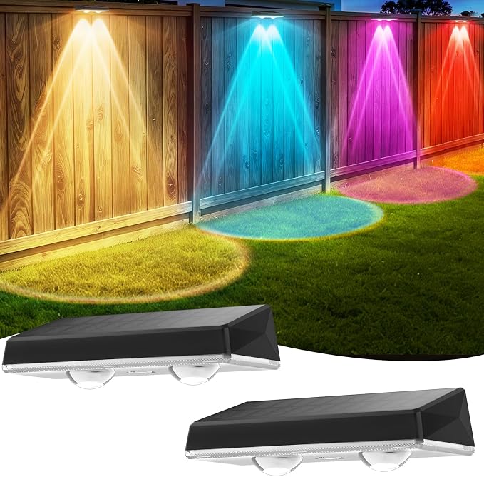 Solar Fence Lights Outdoor, 2-Pack Fence Lights Solar Powered Waterproof IP67 with 8 Color Modes, Dusk to Dawn Auto-Work Solar Lights for Wall, Patio, Garden, Backyard