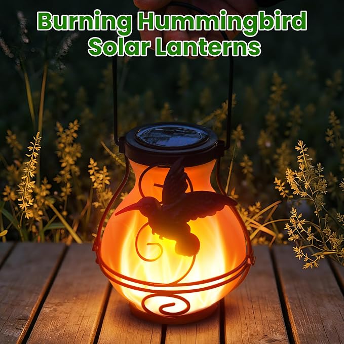 Solar Lanterns Outdoor Waterproof Hummingbird Hanging Solar Lantern Outdoor Garden Decoration Gifts for Mom Grandma Flickering Flame Lights 2 Packs