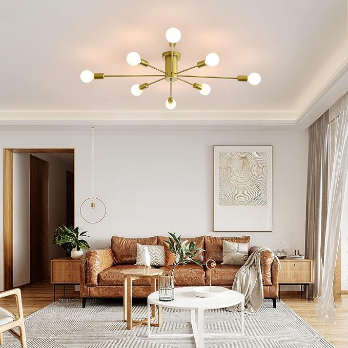 Garwarm 8-Light Sputnik Ceiling Light Modern Semi Flush Mount Ceiling Light Mid Century Gold Chandelier Pendant Lighting for Kitchen Dining Room Bedroom