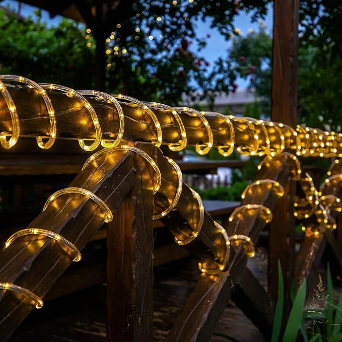 Solar Rope Lights, 2 Pack Total 66ft 200LED Solar String Lights, 8 Modes Waterproof Solar Outdoor Light, Flexible Clear Trampoline Light for Garden Yard Patio Deck Porch Pool Tree Decor - Warm White