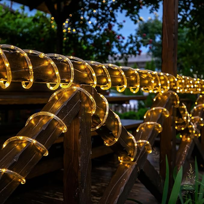 Solar Rope Lights, 2 Packs Total 132ft 400LED Solar String Lights, 8 Modes Waterproof Solar Outdoor Light, Flexible Clear Trampoline Light for Garden Backyard Patio Deck Pool Tree Decor - Warm White