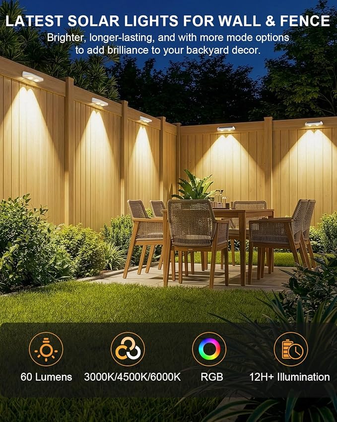 Solar Fence Lights Outdoor ,3000/4500/6000K 13 Mode, 16 Pack Fence Lights Solar Powered with Ultra-Bright Lens IP65 Waterproof,Solar Wall Light for Backyard/Step/Patio/Deck/Stair/Railings(White)