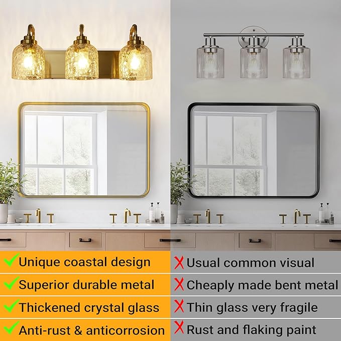 WJShome Modern Crystal Bathroom Vanity Light, 3-Light Gold Bathroom Light Fixtures, Vanity Lighting Fixtures Over Mirror with Clear Shades