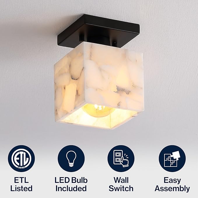 JONATHAN Y 5" White Marbling/Black Modern 1-Light Semi Flush Mount Ceiling Light for Bedroom, Cube White Alabaster Marble Shade, Mid-Century Minimalist Fixture, LED Bulb Included (JYL1202B)