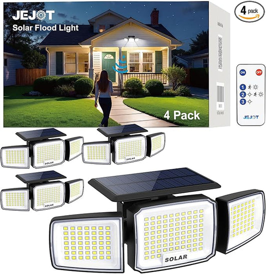 JEJOT Solar Security Light Outdoor Super Bright LED, Motion Sensor Flood Light, 3 Heads 270° Wide Angle,Remote Control, IP65 Waterproof, 3 Modes (4 Packs)