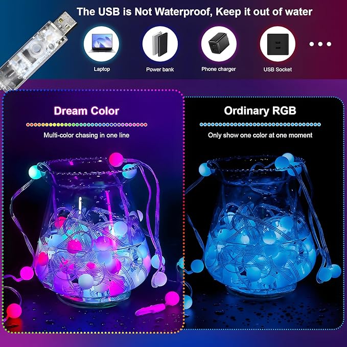 Christmas String Lights Indoor 16.4FT 33LEDs, Smart RGB Fairy Twinkle Christmas Lights with Music Sync, RF Remote, APP Control, Multicolor, USB Powered for Party Garden Bedroom Decor