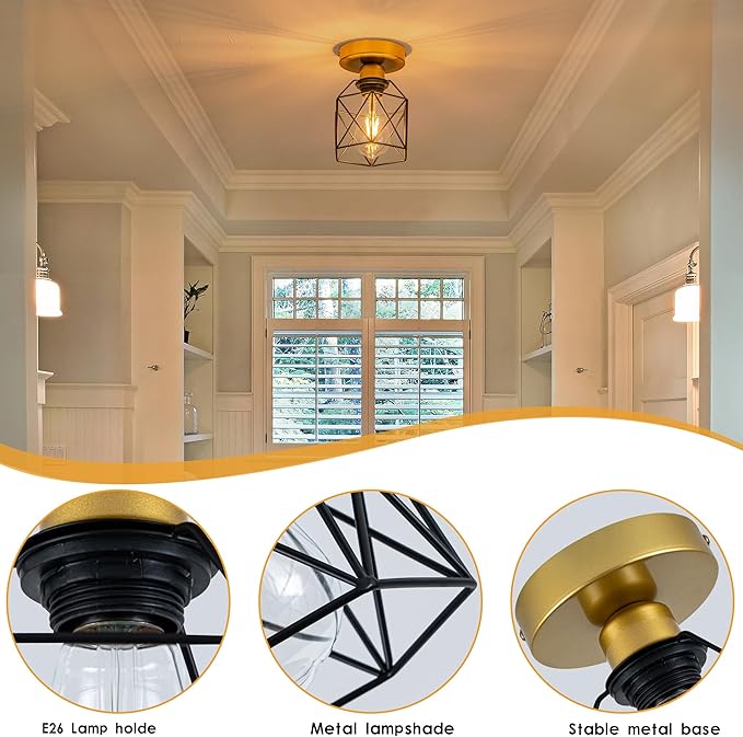 Industrial Ceiling Light, Gold and Black, Metal Cage Shade, Semi-Flush Mount, Geometric Design Caged, Mini
