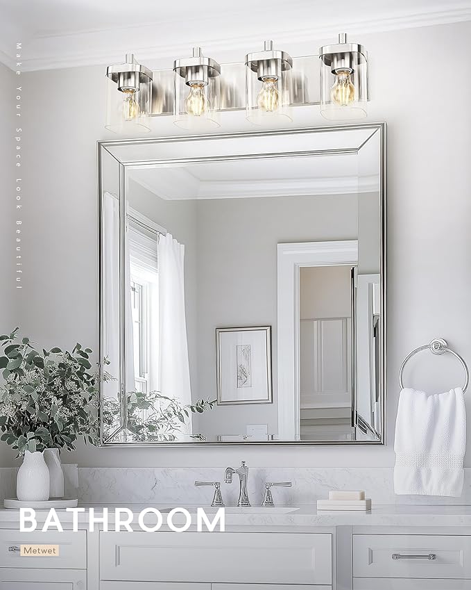 Bathroom Light Fixtures, 4-Light Vanity Light with Square Clear Glass Shade, 25" Brushed Nickel Modern Wall Sconces, Vanity Lighting Fixtures Over Mirror, VL194-BN-4