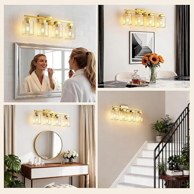 PARTPHONER 4-Light Bathroom Light Fixtures, Brushed Gold Modern Vanity Lights, Bathroom Lighting Fixtures Over Mirror, Square Design Farmhouse Wall Sconces with Clear Glass Shades