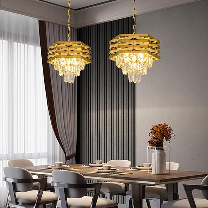 Gold Crystal Chandelier 5-Lights 15.75" Modern Crystal Pendant Light 3-Tier Luxury K9 Hanging Dining Room Lighting Fixtures for Bedroom Living Room Office Hallway Foyer Entryway Kitchen Sink