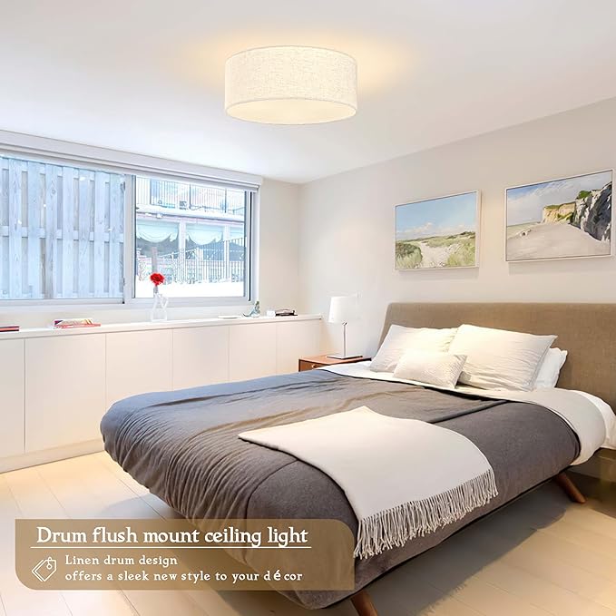 12.6 Inch Flush Mount Ceiling Light Black Close to Lights Fixture with Fabric Shade 3-Light Drum Modern Lights for Dining Room Bedroom Hallway