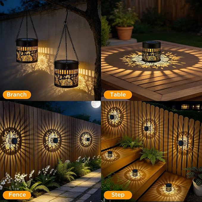 Forlivese 2 Pack Solar Fence Lights Outdoor, Metal Solar Powered Wall Deck Step Lights Sunflower Theme, Hanging LED Waterproof Decorative Lighting for Garden Patio Backyard Post Decor, Warm White