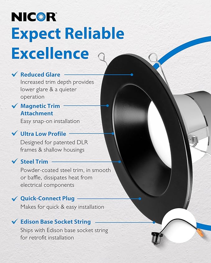 Recessed Ceiling Lights LED Downlight - Dimmable 5/6 inch LED Recessed Light Fixtures - Selectable CCT 2700K-5000K, 918 Lumens, 10.3W - DLR56 Retrofit Ceiling Light, Black, 12-Pk by NICOR Lighting