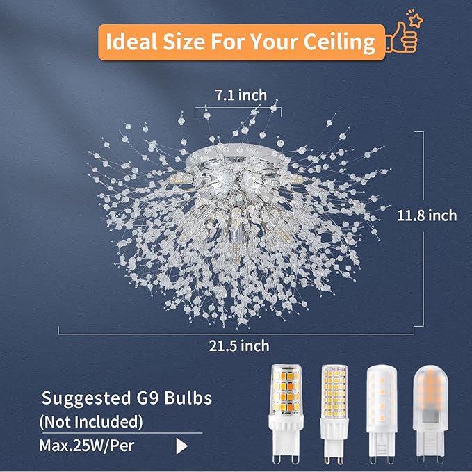 CM MZY Sputnik Flush Mount Ceiling Light Fixtures, Modern Chrome Crystal Firework Chandelier, 8-Light Close to Ceiling Lighting Fixtures for Bedroom Kitchen Hallway Entryway(H11.8'' x W21.5'')