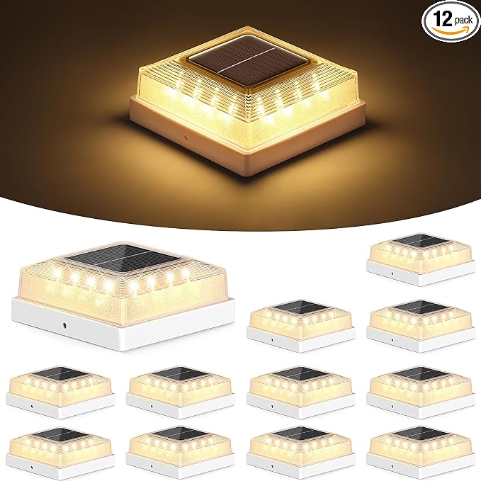 Brightever 3.5x3.5 4x4 Solar Post Cap Light Outdoor, 12-Pack Fence Post Solar Lights for Wooden/Vinyl Posts, 3 Lighting Modes, Solar Powered Waterproof Deck Post Lights for Garden Patio, White