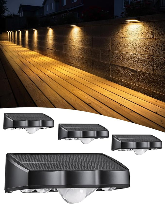 Solar Fence Lights Outdoor, Fence Light Solar Powered 4 Pack, 3 Modes Motion Sensor Outdoor Waterproof, 4 LEDs Warm White Outdoor Security Light for Fence Patio Yard Gate Garage Pool Wall