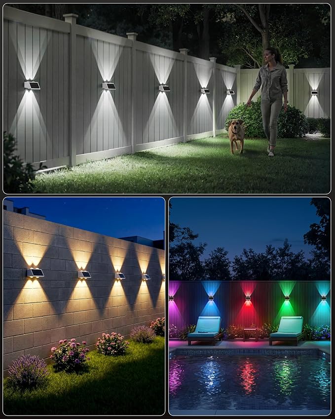 Bridika Solar Fence Lights Outdoor, 12 Pack Up and Down Wall Light, 8 Colors Lens LED Dusk to Dawn Solar Lights Outdoor Waterproof for Patio, Deck, Backyard, Garden White