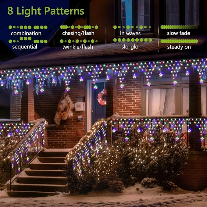 DANLI Christmas Lights Outdoor 13.8ft 218 LED Connectable String Lights with 12 Drops, Window Curtain Fairy Light with 8 Modes for Garden Eaves Wedding Party Holiday Christmas Decorations