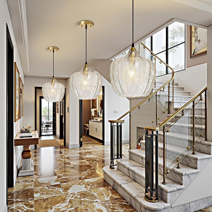 Modern Gold Pendant Light, Clear Glass Farmhouse Kitchen Island Pendant Light Fixture Adjustable Vintage Hanging Ceiling Light for Dining Room Corridor 9.45 inch 1 Pack, UL Certification