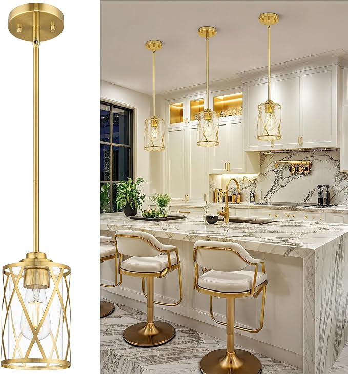 Beionxii Pendant Lights Kitchen Island, Brushed Gold Modern Kitchen Pendant Lighting Over Island, Farmhouse Industrial Cage Hanging Lighting with Clear Glass for Sink, Dining Room, BX-PL07BG